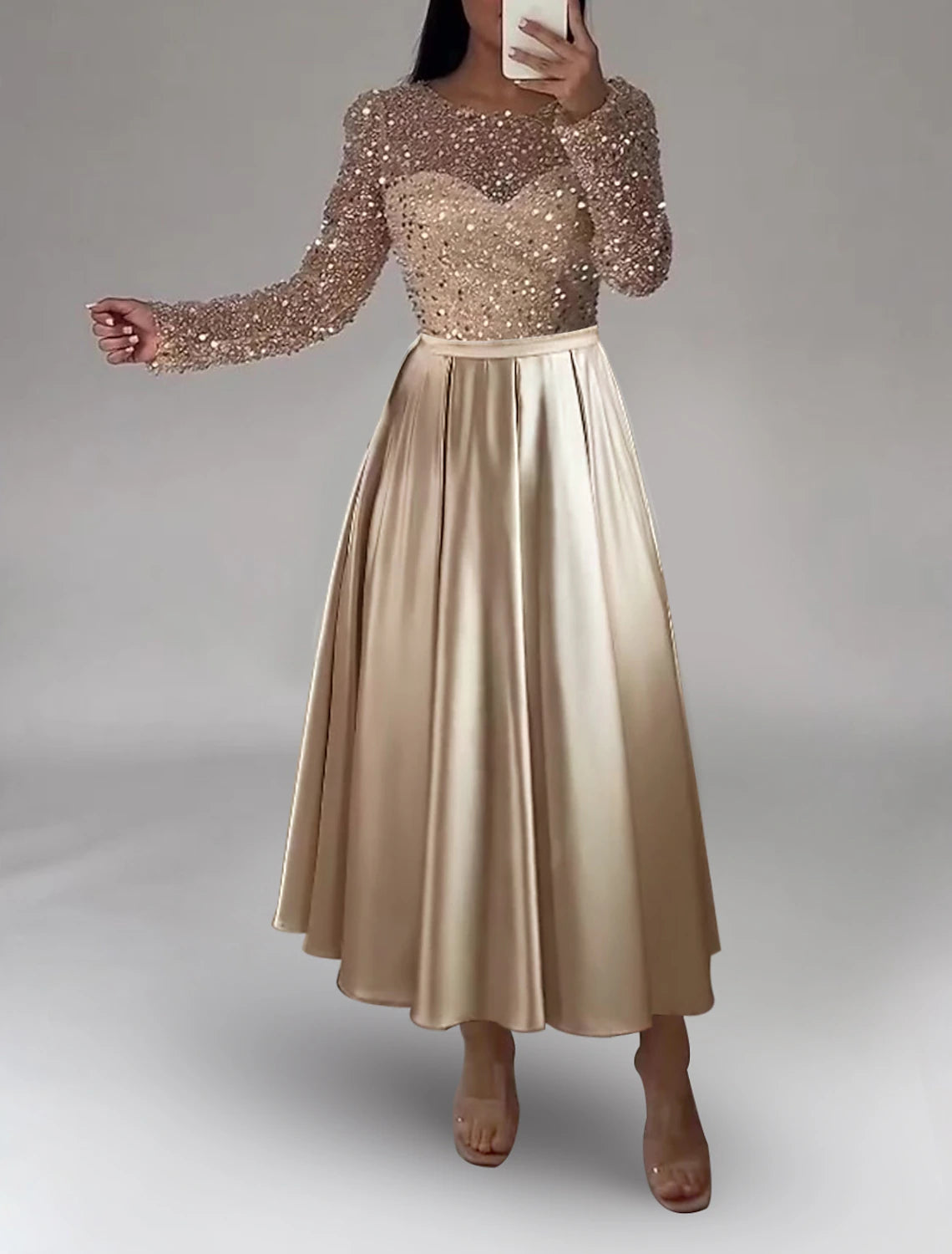 Abito da sera a trapezio, scintillante, formale, da sposa, lunghezza alla caviglia, manica lunga, scollo gioiello, da invitata a nozze, in raso con perle e paillettes